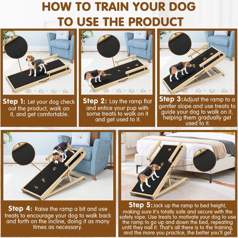 X XBEN 55.11" Adjustable Dog Ramp for Bed - Upgraded Wooden Pet Ramp with Non-Slip Silicone Surface and Side Rails, 6 Height Settings (19.68-27.55"), Holds Up to 250lb, Pet Stairs for Senior & Large Dogs - Image 5