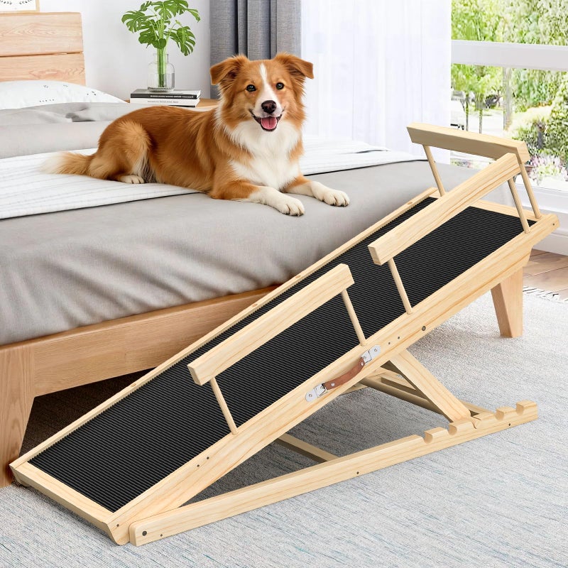 X XBEN 55.11" Adjustable Dog Ramp for Bed - Upgraded Wooden Pet Ramp with Non-Slip Silicone Surface and Side Rails, 6 Height Settings (19.68-27.55"), Holds Up to 250lb, Pet Stairs for Senior & Large Dogs - Image 1