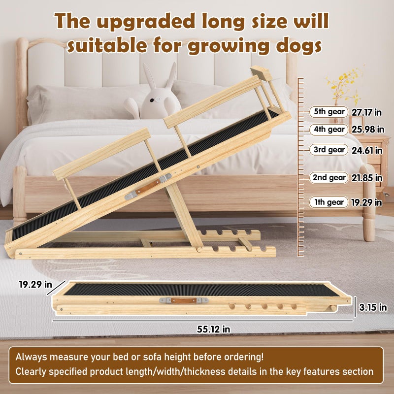 X XBEN 55.11" Adjustable Dog Ramp for Bed - Upgraded Wooden Pet Ramp with Non-Slip Silicone Surface and Side Rails, 6 Height Settings (19.68-27.55"), Holds Up to 250lb, Pet Stairs for Senior & Large Dogs - Image 3