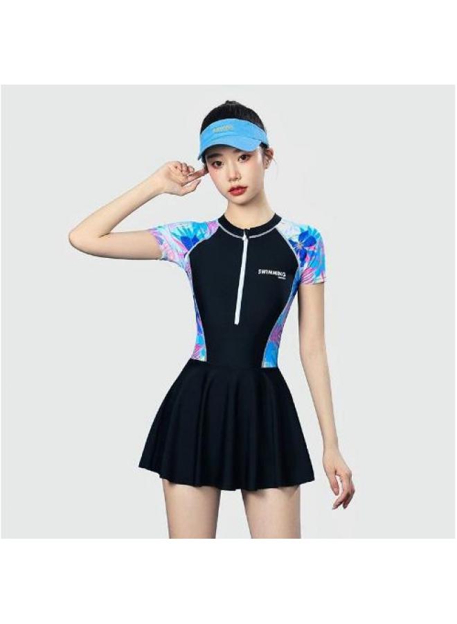 Loquat Swimsuit Women's Hot Spring 2023 Hot Style Fashion Sports Internet Popular Style Conservative Slim Special One-piece Skirt Swimsuit-Color:14130 Small Black Flowers- - Image 1