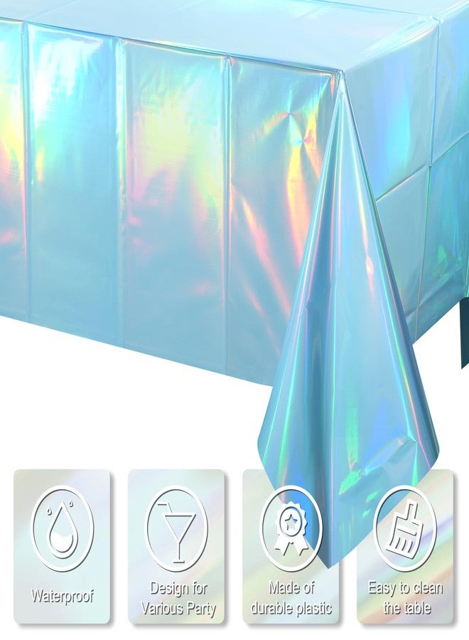 Pascliyna 3 Pack Iridescent Light Blue Tablecloth for Parties, Pastel Blue Holographic Plastic Table Cover, Disposable Laser Baby Blue Table Cloth for Birthday Wedding Baby Shower Party Decorations, 54x108 Inch - Image 3