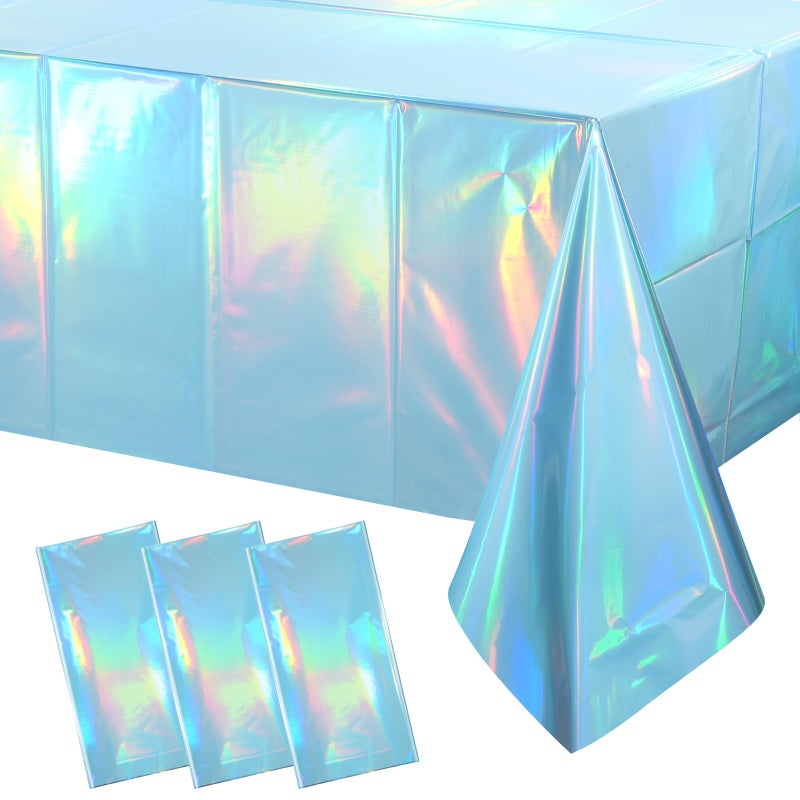 Pascliyna 3 Pack Iridescent Light Blue Tablecloth for Parties, Pastel Blue Holographic Plastic Table Cover, Disposable Laser Baby Blue Table Cloth for Birthday Wedding Baby Shower Party Decorations, 54x108 Inch - Image 1