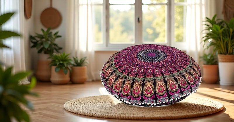CRAFT KALA كالا كرافت 32 بوصة غطاء وسادة أرضية بوهيمية كبيرة مستديرة، غطاء وسادة بوهو، غطاء وسائد غرفة التأمل الماندالا، وسائد جلوس للبالغين، غطاء وسادة للأطفال لقراءة غرفة اللعب، بينك يلو ميرشي - Image 3