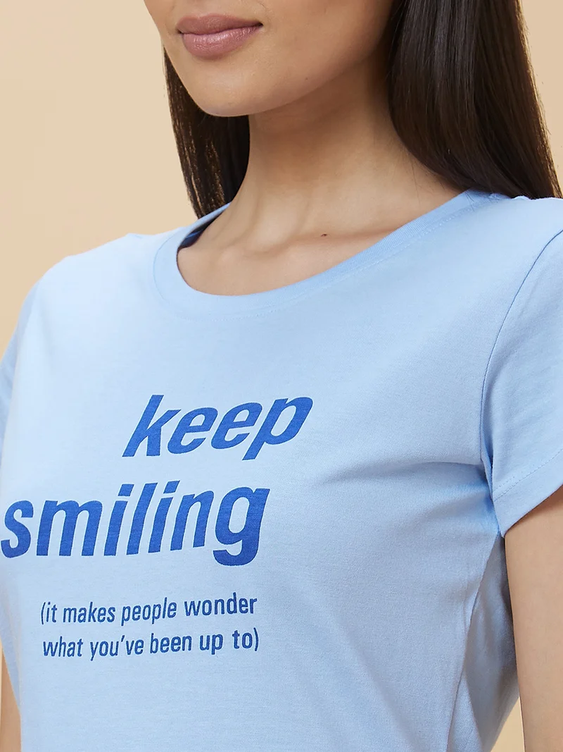globus  Women Blue Typography Printed Pure Cotton T-Shirt for Women | Best Price UAE