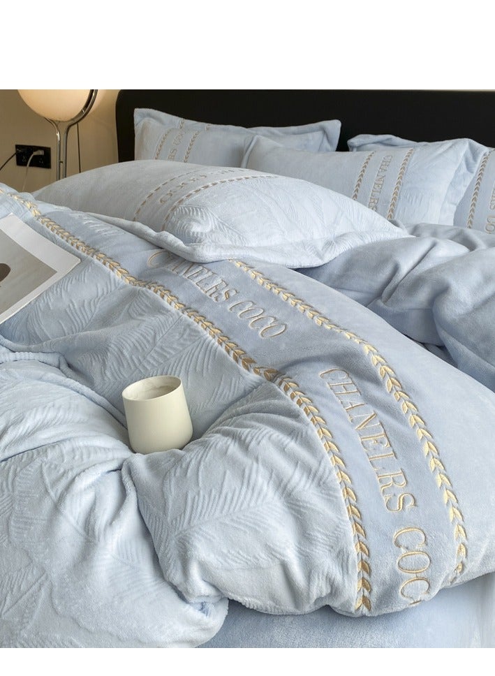 Bed Sheet Style — Carved Velvet Cloth Embroidered Wide Edge Milk Velvet Four Piece Bedding Set - Image 4