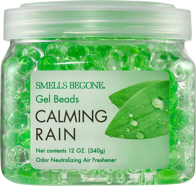 SMELLS BEGONE Odor Eliminator Gel Beads - Air Freshener - Eliminates Odor in Bathrooms, Cars, Boats, RVs and Pet Areas - Made with Essential Oils - Calming Rain Scent - 12 Ounce - Image 1