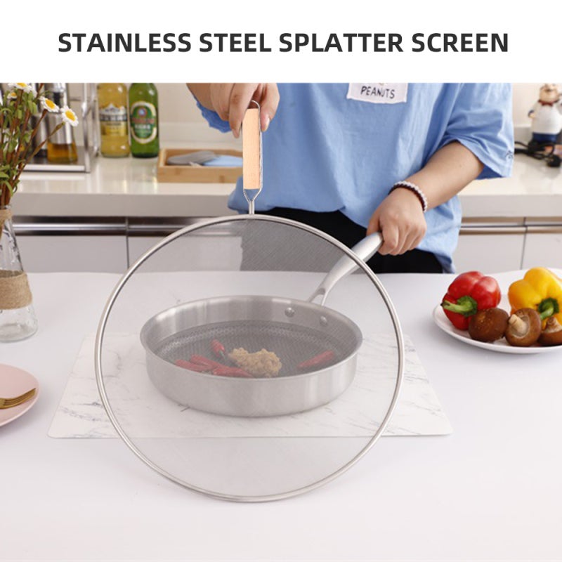 Stainless Steel Splatter Screen: 4 Optional Sizes Dense Mesh Design - Rust-resistant With Wooden Handle & Storage Hook for Home Kitchen Cooking - Image 3