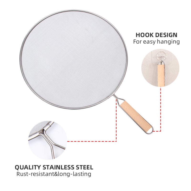 Stainless Steel Splatter Screen: 4 Optional Sizes Dense Mesh Design - Rust-resistant With Wooden Handle & Storage Hook for Home Kitchen Cooking - Image 4