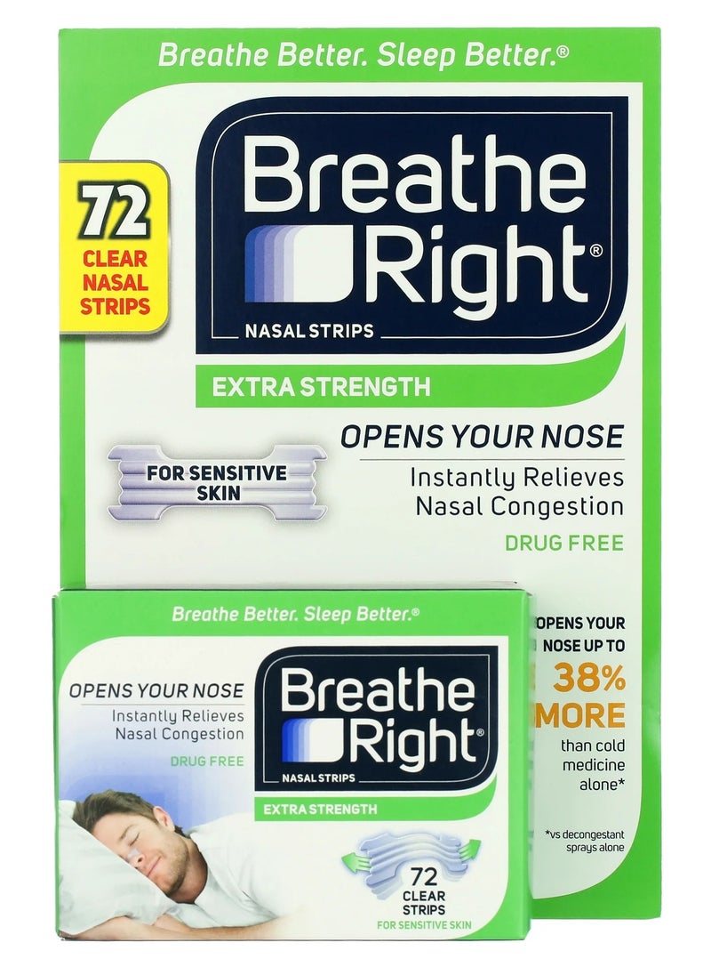 Breathe Right - Breathe Right Extra Strength Nasal Strips, 72 Count (CLEAR) Drug Free - Image 1