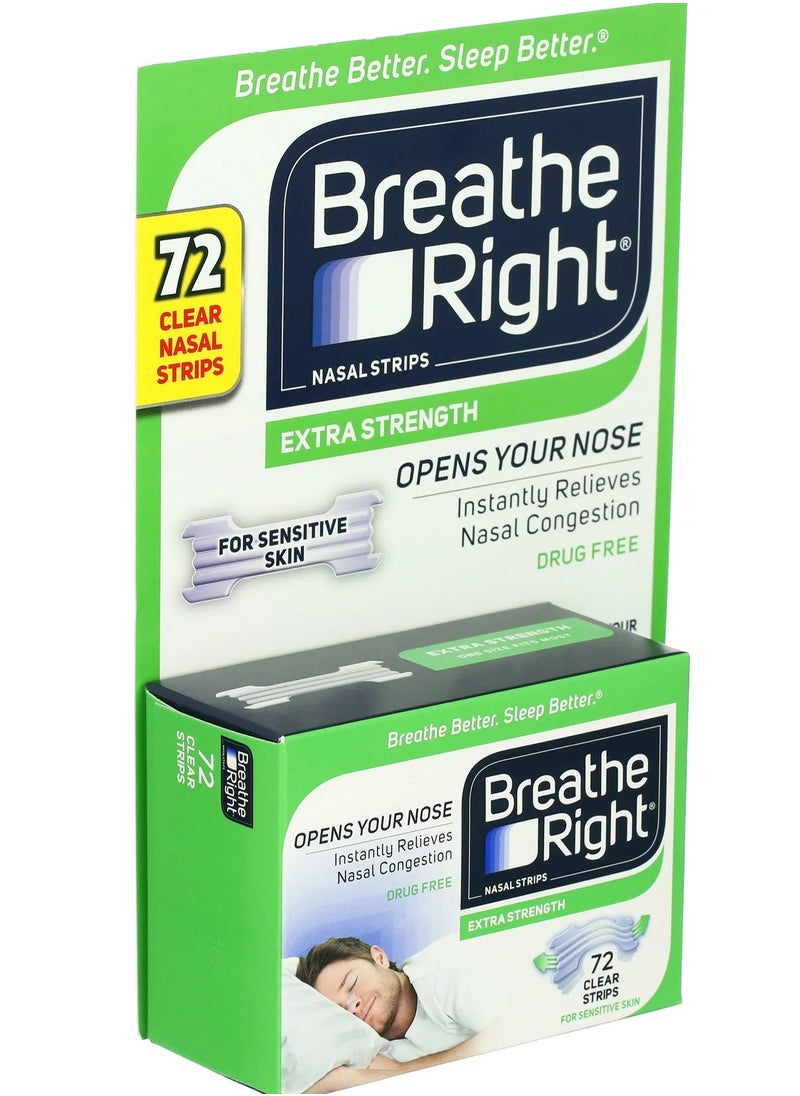 Breathe Right - Breathe Right Extra Strength Nasal Strips, 72 Count (CLEAR) Drug Free - Image 1
