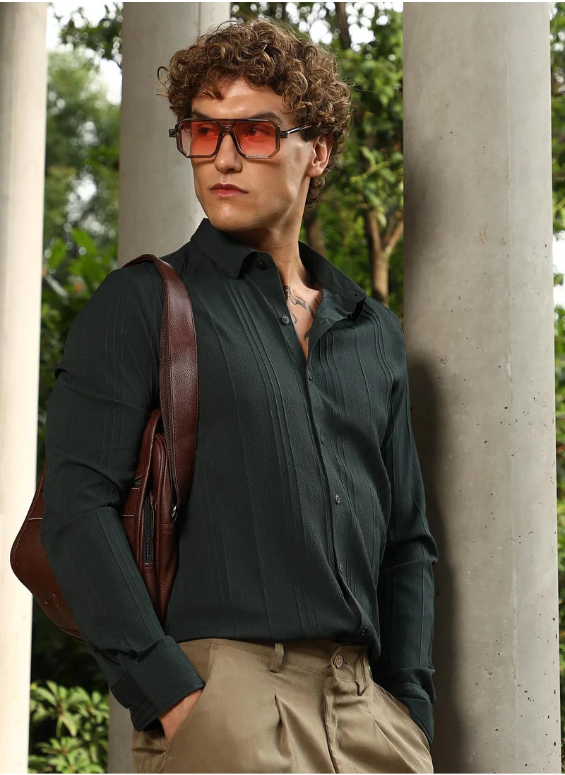 كامبوس سوترا Campus Sutra Men's Sacramento Green Multitrack-Tactile Shirt For Casual Wear | Spread Collar | Long Cuffed Sleeves | Button Closure | Shirt Crafted With Comfort Fit For Everyday Wear
