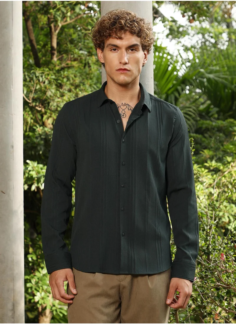 كامبوس سوترا Campus Sutra Men's Sacramento Green Multitrack-Tactile Shirt For Casual Wear | Spread Collar | Long Cuffed Sleeves | Button Closure | Shirt Crafted With Comfort Fit For Everyday Wear