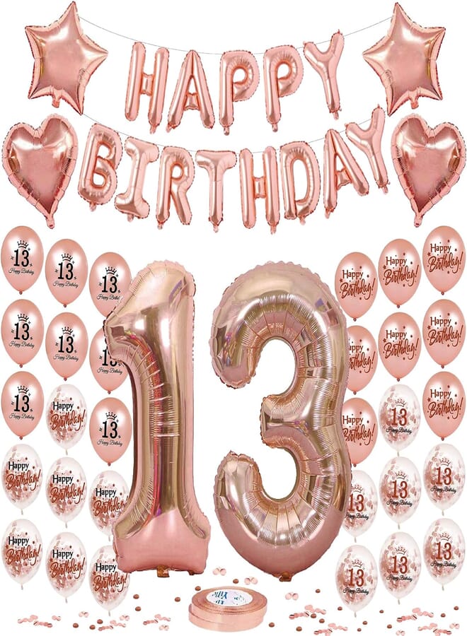 Konsait Rose Gold 13th Birthday Party Decorations,Happy Birthday Balloon Banner, Love Heart Stars Foil Balloons, Confetti Latex Balloons for Kids Girls Boys Sweet 13 Years Old Bday Party Supplies