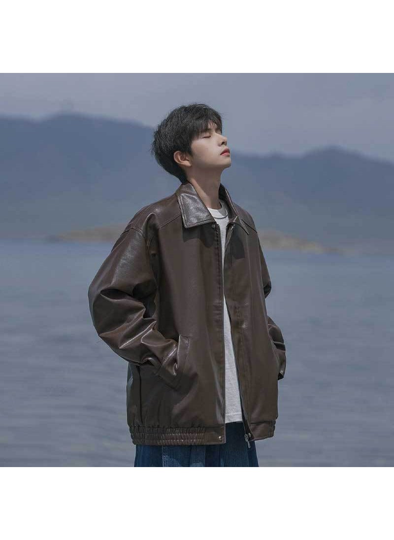 Generic - Brown PU Leather Jacket Mens Vintage 2023 Spring Black - Image 1