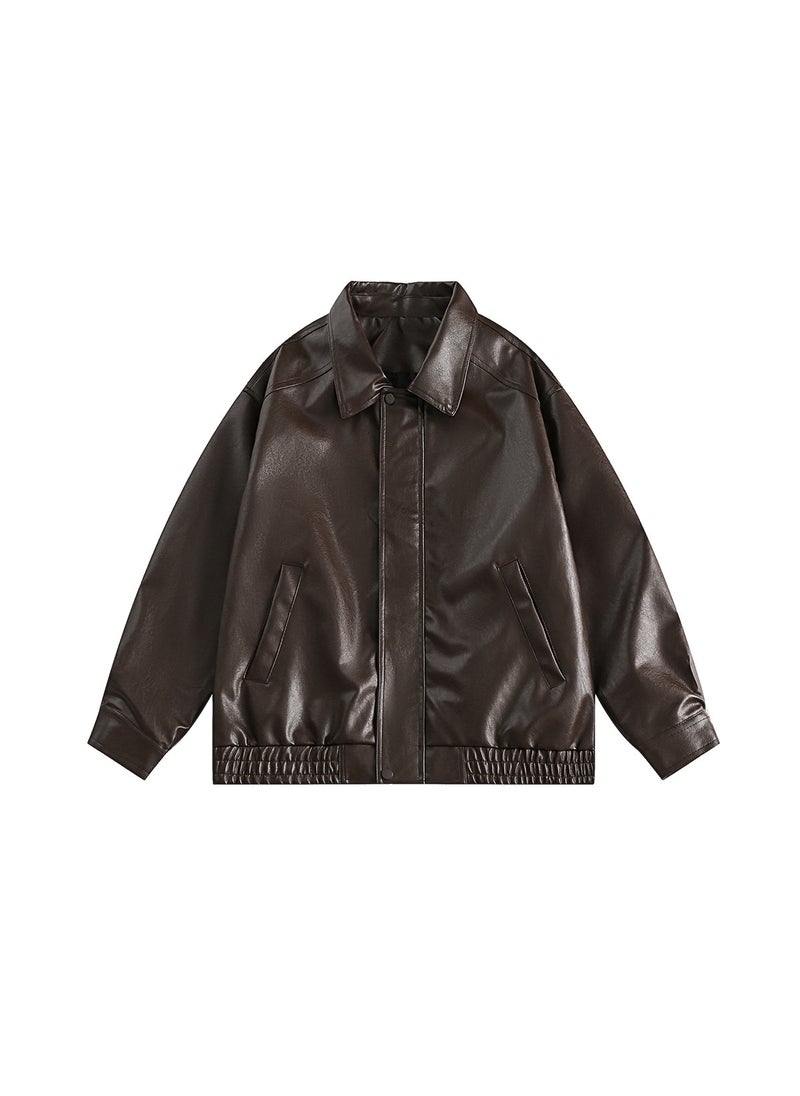 Generic - Brown PU Leather Jacket Mens Vintage 2023 Spring Black - Image 1