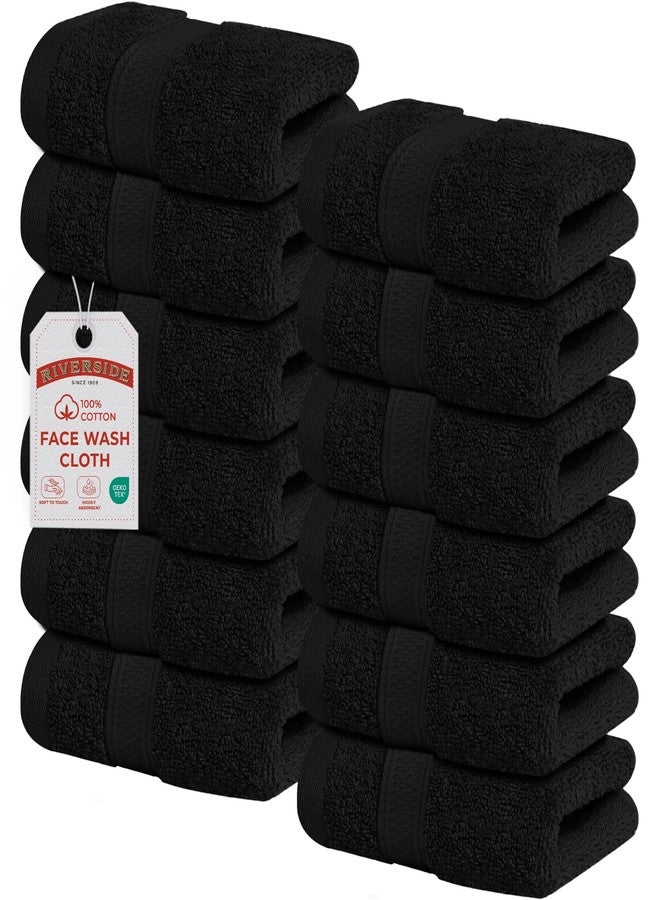 RIVERSIDE 12-Pack Premium 100% Cotton Black Face Towels for Bathroom [12x12] - Reusable Luxury Face Wash Cloths for Showering - 550 GSM Super Soft & Absorbent Washcloths for Body, Spa & Gym - Image 1