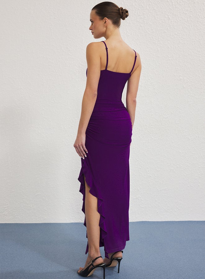 trendyol Purple Strap Body Fitted Ruffled Slit Stretchy Maxi Knitted Dress - Image 4