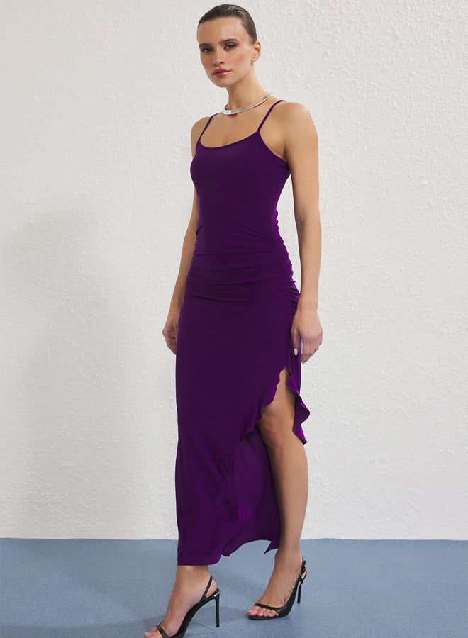 trendyol Purple Strap Body Fitted Ruffled Slit Stretchy Maxi Knitted Dress - Image 1