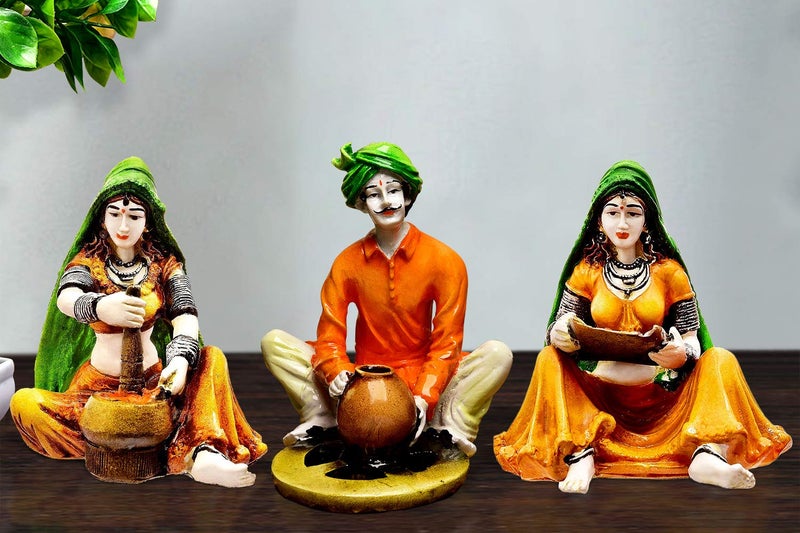 Karigaari India Handcrafted Polyresin Rajasthani Musician Figurines Set of 3 – Ethnic Home Decor Showpieces for Living Room Table Shelf Traditional Indian Cultural Statue Gift Decorative Accents - Image 1