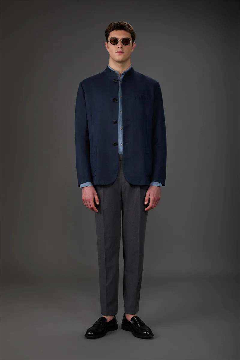 Men's unlined single-breasted jacket with mandarin collar - Blue