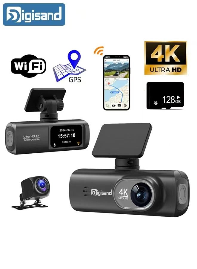 Digisand UHD 4K Dash Cam for Cars Front and Rear Dual Lens Front 3840*2160P Rear Lens Built-In WiFi G-Sensor With GPS Car DVR Video Recorder - Image 1