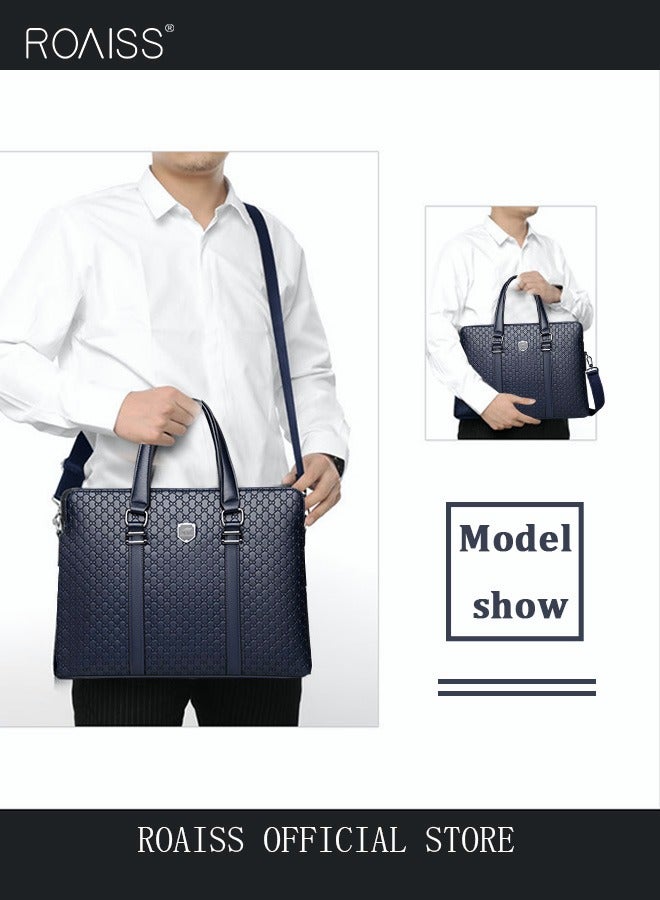 roaiss Classic Briefcase Textured Leather Laptop Messenger Bag for Men Travel Business Leather Lawyers Briefcase Shoulder Laptop Slim Bags Dark Blue - Image 3