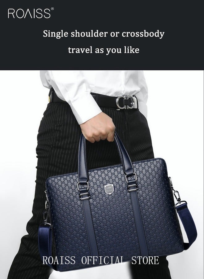 roaiss Classic Briefcase Textured Leather Laptop Messenger Bag for Men Travel Business Leather Lawyers Briefcase Shoulder Laptop Slim Bags Dark Blue - Image 2