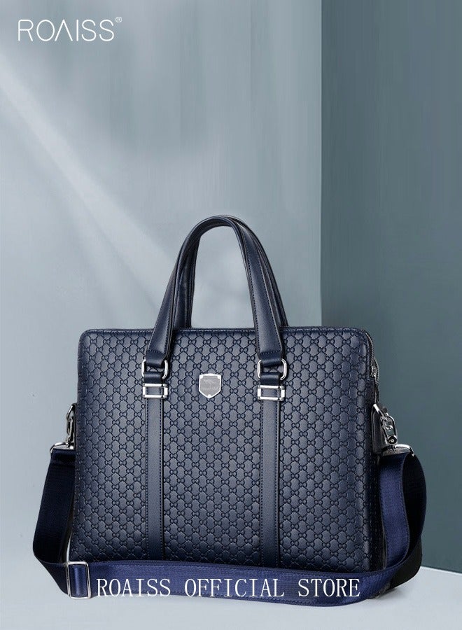 roaiss Classic Briefcase Textured Leather Laptop Messenger Bag for Men Travel Business Leather Lawyers Briefcase Shoulder Laptop Slim Bags Dark Blue - Image 1