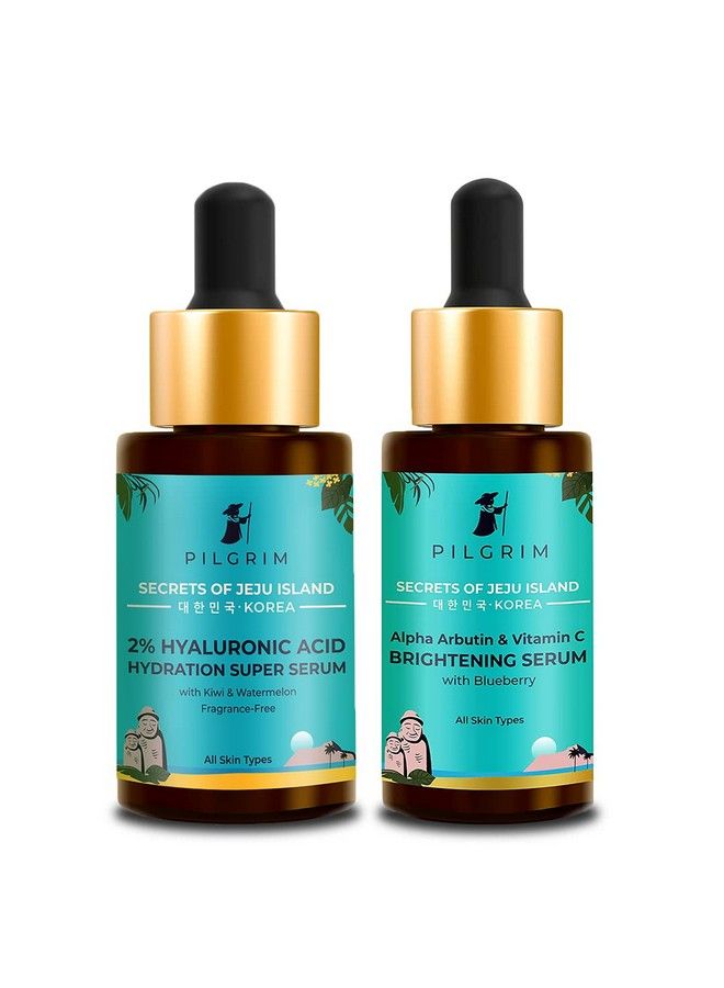 PILGRIM Glow Booster Combo ; 2% Hyaluronic Acid Hydration Super Serum 30Ml Alpha Arbutin & Vitamin C Skin Brightening Serum 30Ml ; For Face Pigmentation & Radiant Skin ; Korean Skin Care - Image 1