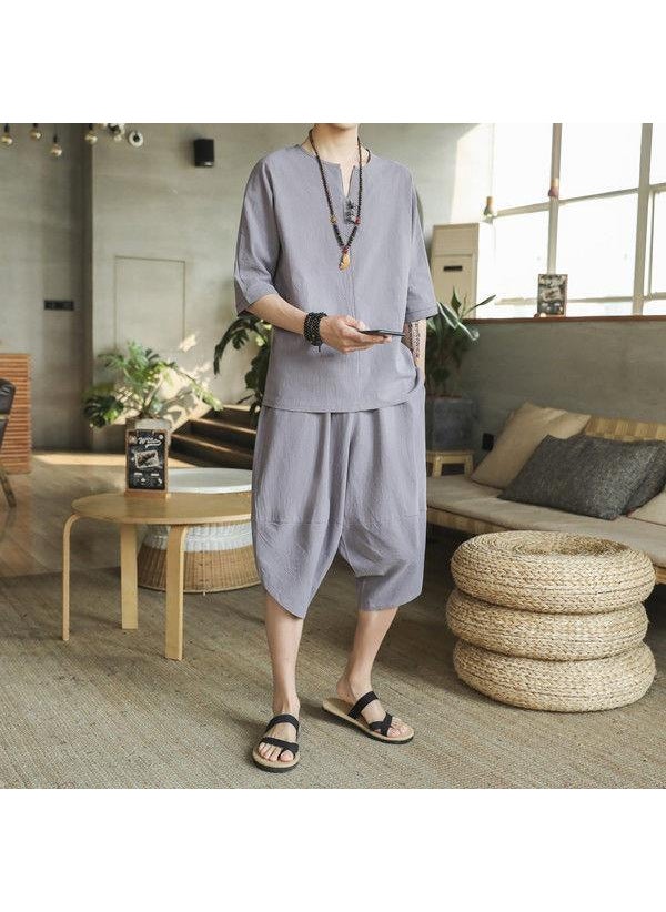 Generic Mens Short Sleeve Linen Cotton Set Two-Piece Suit Youth Summer Traditional Chinese Hanfu Ancient Style Casual Wear Spring W18 light gray (solid color cropped pants suit) 