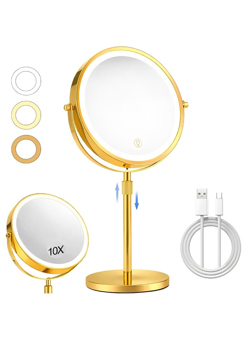 Gold Rechargeable LED Makeup Mirror, Double-Sided 1X/10X Magnifying Vanity Mirror with 3 Color Lights and Adjustable Height for Bedroom, Bathroom, Dressing Table - Image 1