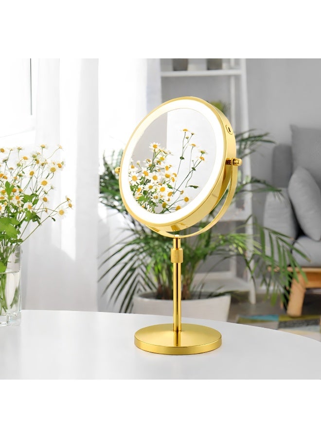 Gold Rechargeable LED Makeup Mirror, Double-Sided 1X/10X Magnifying Vanity Mirror with 3 Color Lights and Adjustable Height for Bedroom, Bathroom, Dressing Table - Image 2