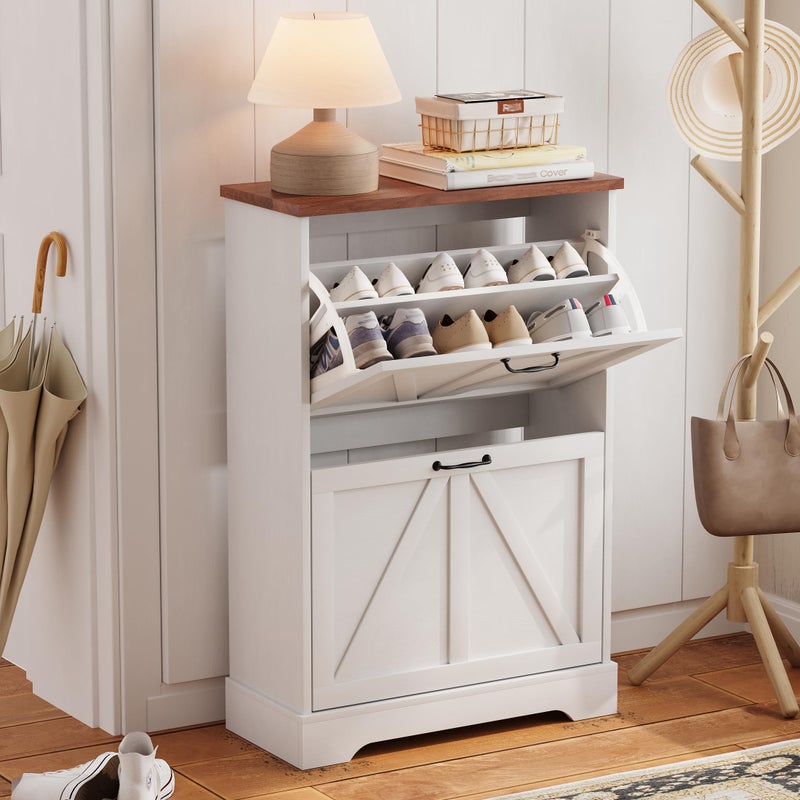 Semiocthome Farmhouse Shoe Storage Cabinet with 2 Flip Drawers 236W Freestanding Shoe Organizer with Barn Door and Metal Handles for Entryway Corner Rustic Narrow Shoe Rack Cabinet  White