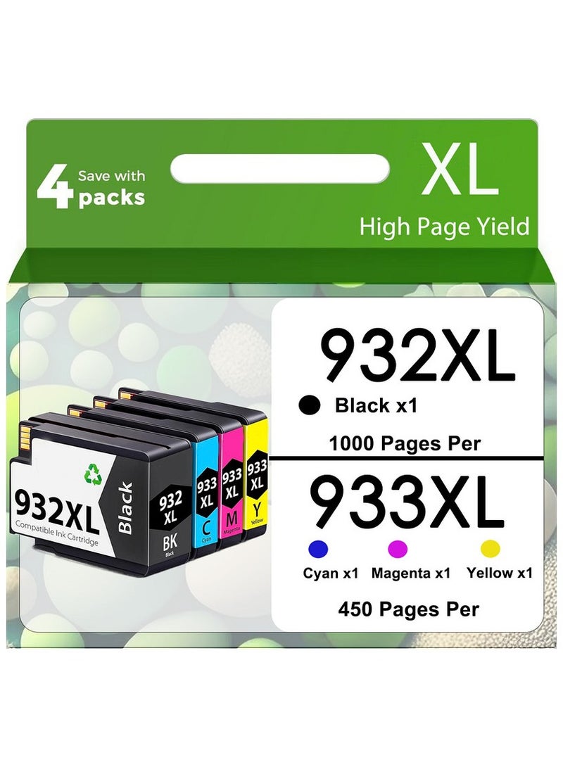 Compatible Ink Cartridge Replacement for 932XL 933XL 932 XL 933 XL 4 Combo Pack (XL Black, Cyan, Magenta Yellow) to use with HP Officejet 6100 6600 6700 7110 7510 7610 7612 7620 Printers - Image 1