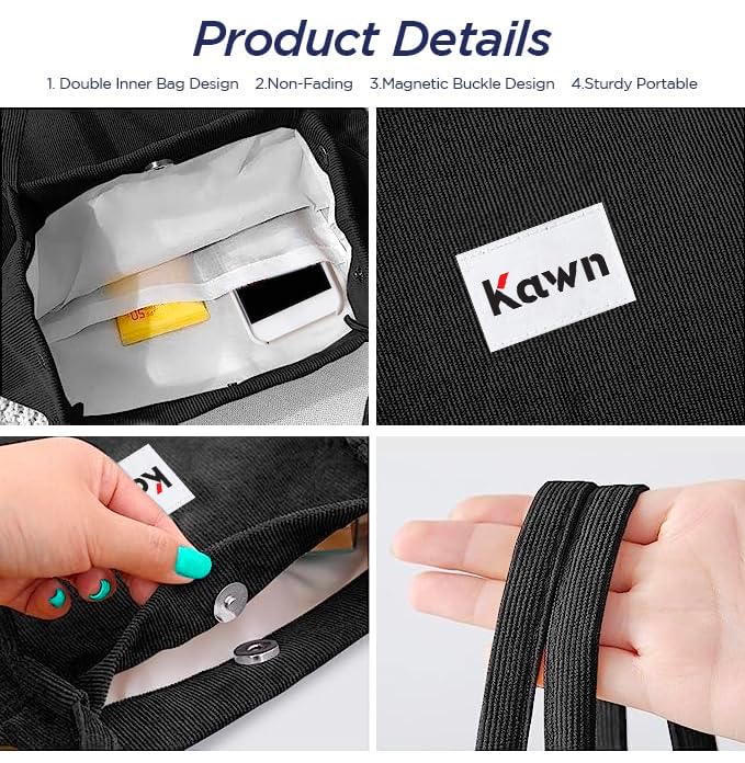 Kawn ® Women Corduroy Tote Bag Canvas Shoulder Purse Reusable Shopping Bag Grocery Bag Large Capacity Washable Handbag Girls Shoulder Bag with Inner Pocket For Daily Use Work Travel - Image 3