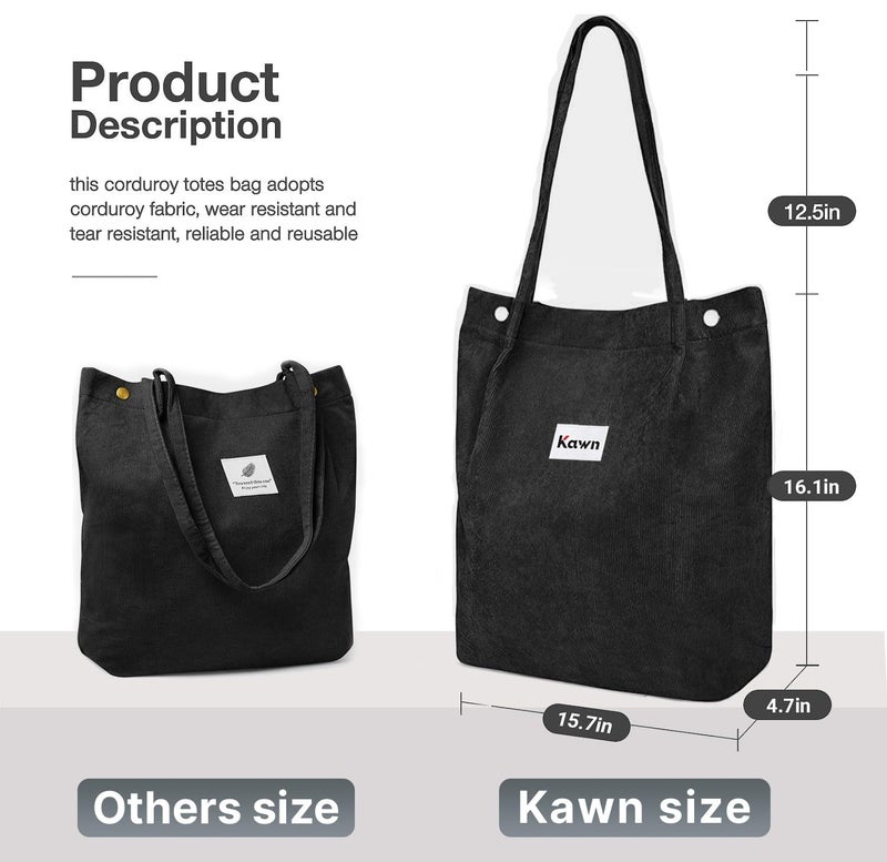 Kawn ® Women Corduroy Tote Bag Canvas Shoulder Purse Reusable Shopping Bag Grocery Bag Large Capacity Washable Handbag Girls Shoulder Bag with Inner Pocket For Daily Use Work Travel - Image 2