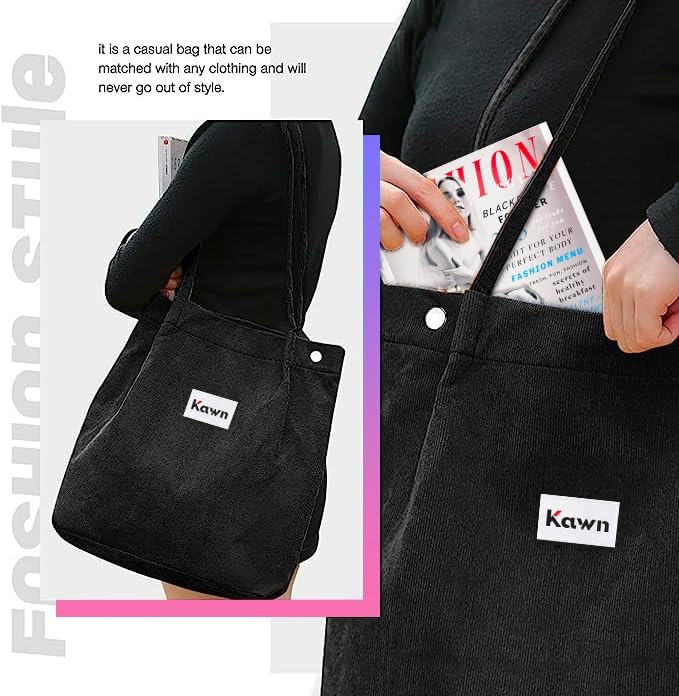 Kawn ® Women Corduroy Tote Bag Canvas Shoulder Purse Reusable Shopping Bag Grocery Bag Large Capacity Washable Handbag Girls Shoulder Bag with Inner Pocket For Daily Use Work Travel - Image 4