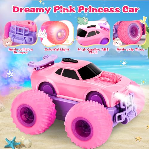Drefirsa Princess Remote Control Car for Girl Pink Monster Truck with DIY Sticker Headlight Colorful Wheel Light Rotation Spin and Spray Toy Cars for Girl Age 46 68 812 Birthday Gift - Image 5