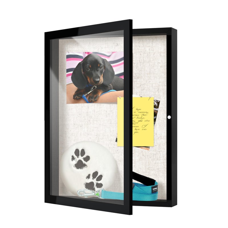 FrameWorks 12x16 Deep Shadow Box Frame, Wooden Display Case w. Linen Board & Tempered Glass Door - Black Woodgrain - Medium - Wall Mounted - Image 1