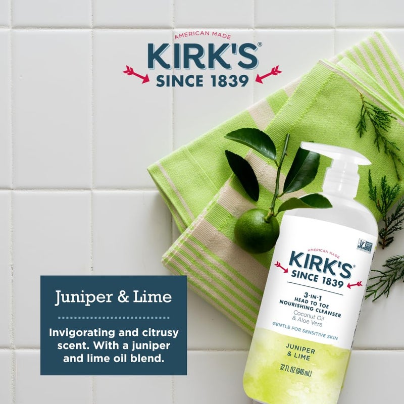 Kirk's 3-in-1 Head to Toe Nourishing Liquid Cleanser- for Men, Women & Children - Premium Coconut Oil & Aloe Vera- Non GMO & Vegan -Juniper & Lime - 32 Fl Oz 2 Pack - Image 5