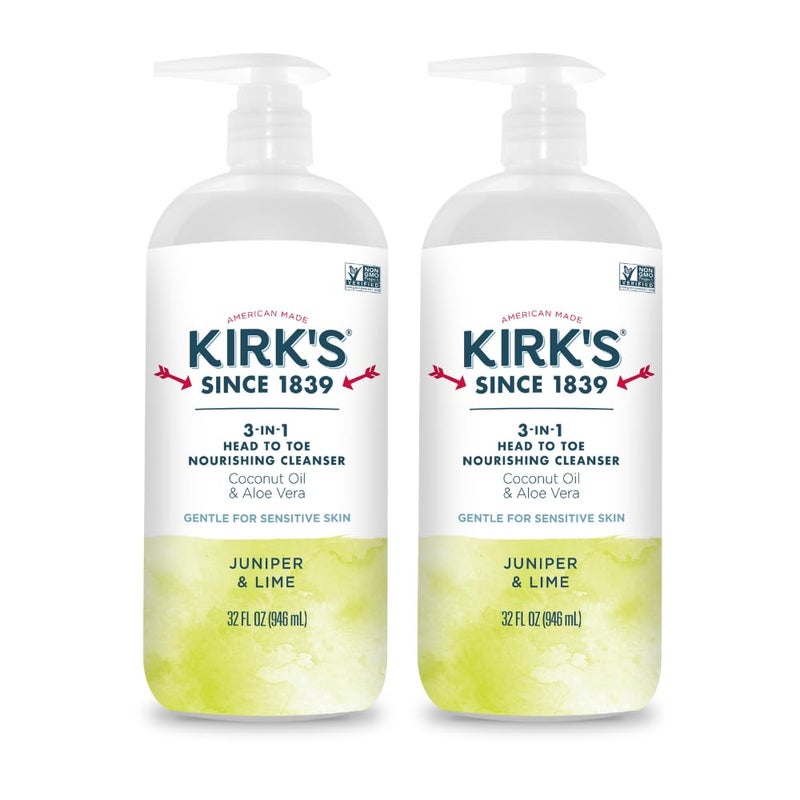 Kirk's 3-in-1 Head to Toe Nourishing Liquid Cleanser- for Men, Women & Children - Premium Coconut Oil & Aloe Vera- Non GMO & Vegan -Juniper & Lime - 32 Fl Oz 2 Pack - Image 1