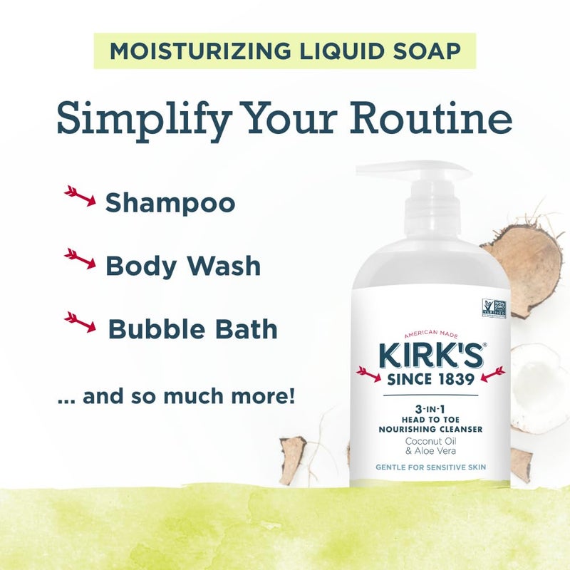 Kirk's 3-in-1 Head to Toe Nourishing Liquid Cleanser- for Men, Women & Children - Premium Coconut Oil & Aloe Vera- Non GMO & Vegan -Juniper & Lime - 32 Fl Oz 2 Pack - Image 3