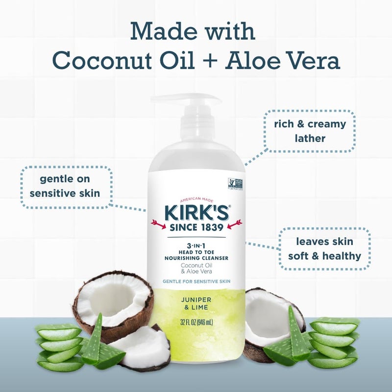Kirk's 3-in-1 Head to Toe Nourishing Liquid Cleanser- for Men, Women & Children - Premium Coconut Oil & Aloe Vera- Non GMO & Vegan -Juniper & Lime - 32 Fl Oz 2 Pack - Image 4
