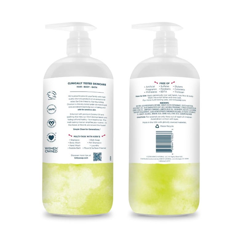 Kirk's 3-in-1 Head to Toe Nourishing Liquid Cleanser- for Men, Women & Children - Premium Coconut Oil & Aloe Vera- Non GMO & Vegan -Juniper & Lime - 32 Fl Oz 2 Pack - Image 2