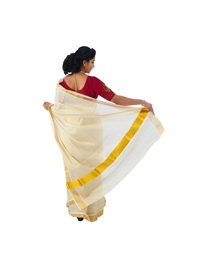JPV Women's Kerala Traditional Cotton Tissue Gold Color Plain Saree Kasavu Golden Border with Running Blouse | Onam Saree | Kerala Kasavu Saree | New Traditional South Indian Sarees for Women (Gold) - Image 2