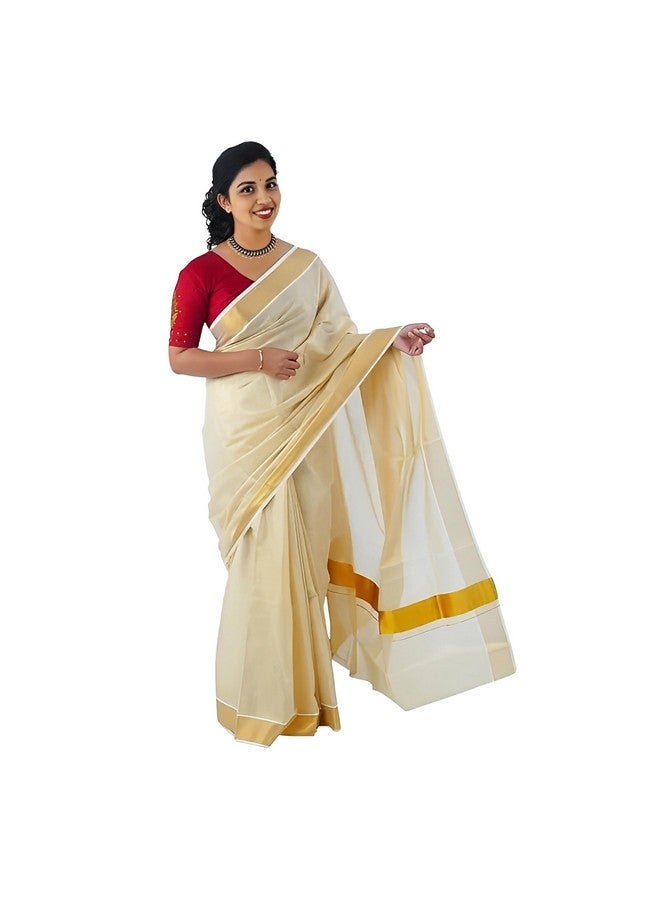 JPV Women's Kerala Traditional Cotton Tissue Gold Color Plain Saree Kasavu Golden Border with Running Blouse | Onam Saree | Kerala Kasavu Saree | New Traditional South Indian Sarees for Women (Gold) - Image 4
