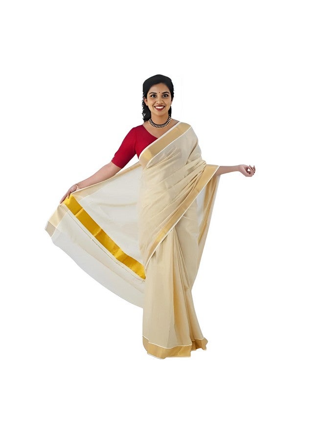 JPV Women's Kerala Traditional Cotton Tissue Gold Color Plain Saree Kasavu Golden Border with Running Blouse | Onam Saree | Kerala Kasavu Saree | New Traditional South Indian Sarees for Women (Gold) - Image 1