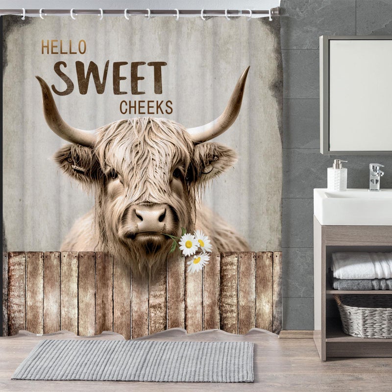 LKFBSC Highland Cattle Cow Bull Shower Curtains Farmhouse Animal Rustic Country Shower Curtain for Bathroom Western West Fabric Shower Curtain Set with Hooks Bath Decoration 72X72inches - Image 2
