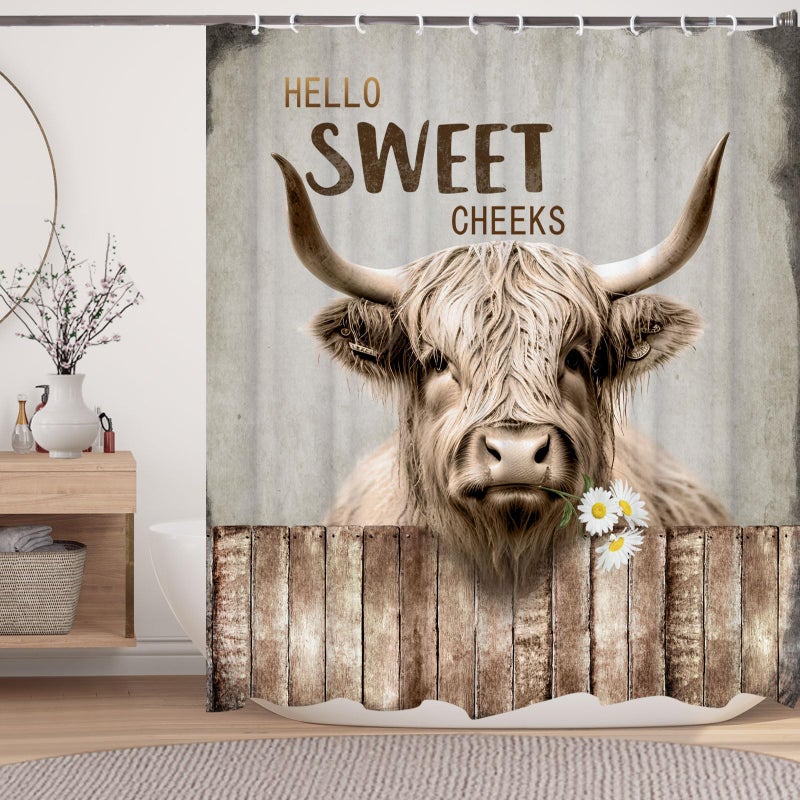 LKFBSC Highland Cattle Cow Bull Shower Curtains Farmhouse Animal Rustic Country Shower Curtain for Bathroom Western West Fabric Shower Curtain Set with Hooks Bath Decoration 72X72inches - Image 1