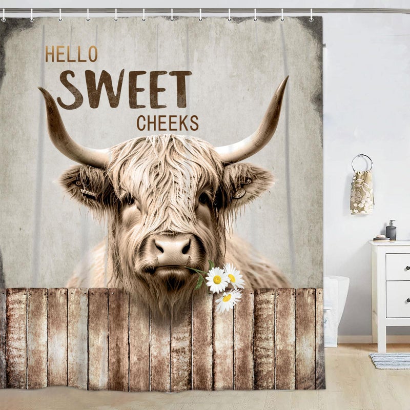 LKFBSC Highland Cattle Cow Bull Shower Curtains Farmhouse Animal Rustic Country Shower Curtain for Bathroom Western West Fabric Shower Curtain Set with Hooks Bath Decoration 72X72inches - Image 5